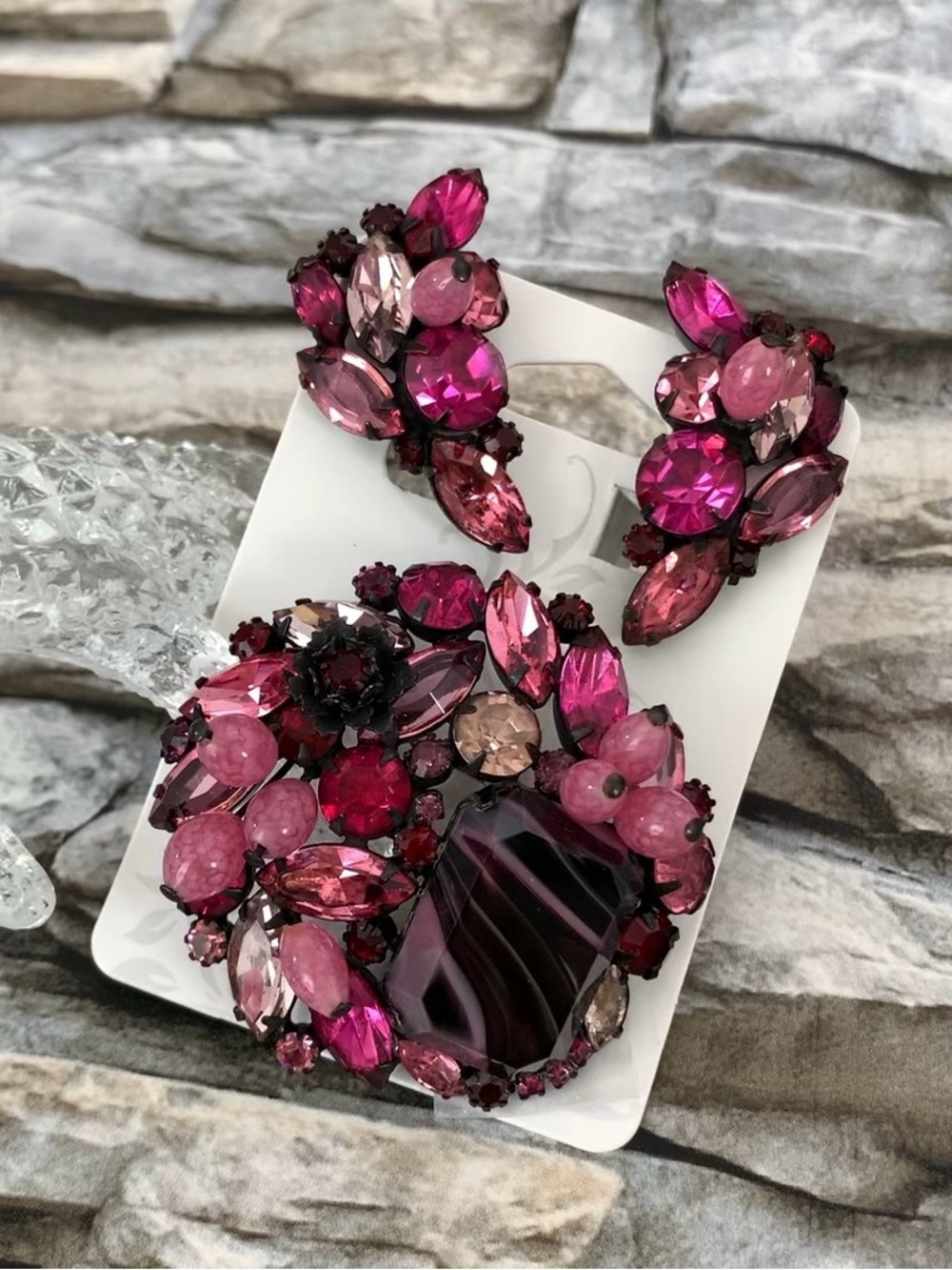 Vintage Alice Caviness Carnation Lozenge Givre Art Glass Brooch Clip Earrings